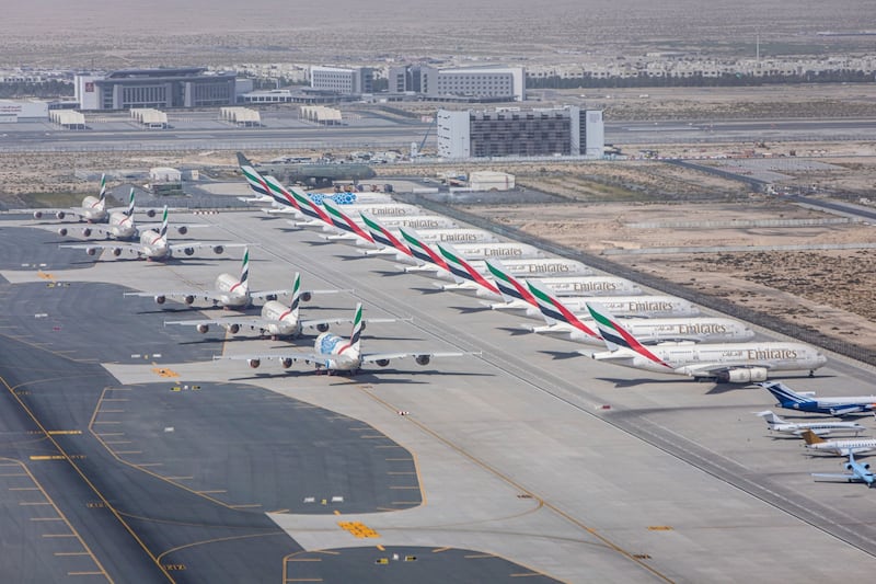 Emirates airlines passenger planes on the tarmac at Al Maktoum International Airport in Dubai, United Arab Emirates. Bloomberg