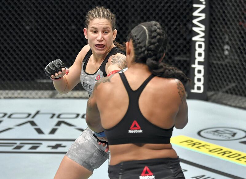 ABU DHABI, UNITED ARAB EMIRATES - JULY 12: (L-R) Karol Rosa of Brazil punches Vanessa Melo of Brazil in their bantamweight fight during the UFC 251 event at Flash Forum on UFC Fight Island on July 12, 2020 on Yas Island, Abu Dhabi, United Arab Emirates. (Photo by Jeff Bottari/Zuffa LLC)
