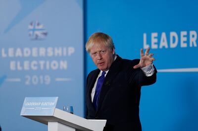 NOTTINGHAM, ENGLAND - JULY 06:  Conservative leadership candidate Boris Johnson addresses an audience of party members as he takes part in a Conservative Party leadership hustings event at Nottingham Belfry on July 06, 2019 in Nottingham, England. Boris Johnson and Jeremy Hunt are the final two MPs left in the contest to replace Theresa May as leader of the Conservative Party. The winner will be announced on July 23rd, 2019 and will also take up the post of Prime Minister of the UK and Northern Ireland.  (Photo by Darren Staples/Getty Images)