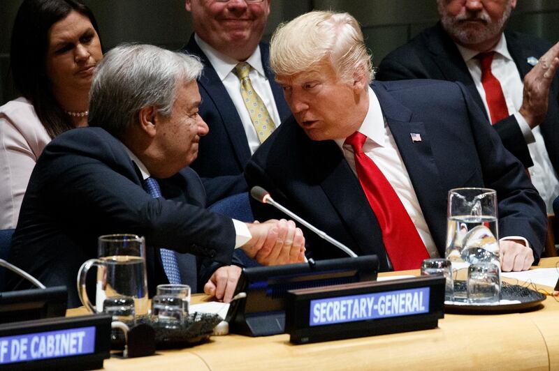 United Nations Secretary General Antonio Guterres, left, shakes hands with President Donald Trump during the "Global Call to Action on the World Drug Problem" at the United Nations General Assembly, Monday, Sept. 24, 2018, at U.N. Headquarters. (AP Photo/Evan Vucci)
