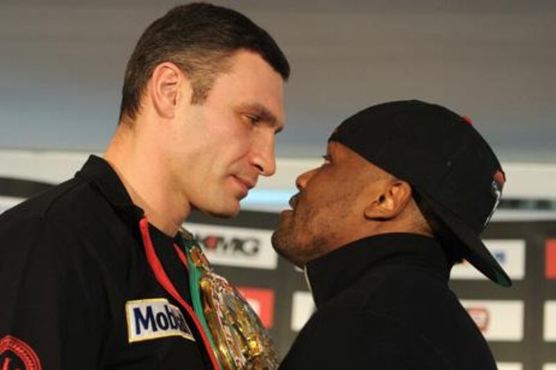 TOPSHOTS

British boxer Dereck Chisora (R) faces Ukrainian boxer Vitali Klitschko during a photo call in Munich, southern Germany, on February 13, 2012 ahead of their WBC World Heavyweight fight. Klitschko and his challenger Chisora will fight on February 18, 2012. 

AFP PHOTO/CHRISTOF STACHE

