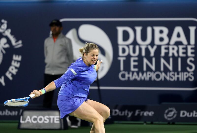 Dubai, United Arab Emirates - Reporter: John McAuley: Kim Clijsters plays a shot in the game between Kim Clijsters and Garbi–e Muguruza in the Dubai Duty Free Tennis Championship. Monday, February 17th, 2020. Dubai Duty Free Tennis stadium, Dubai. Chris Whiteoak / The National