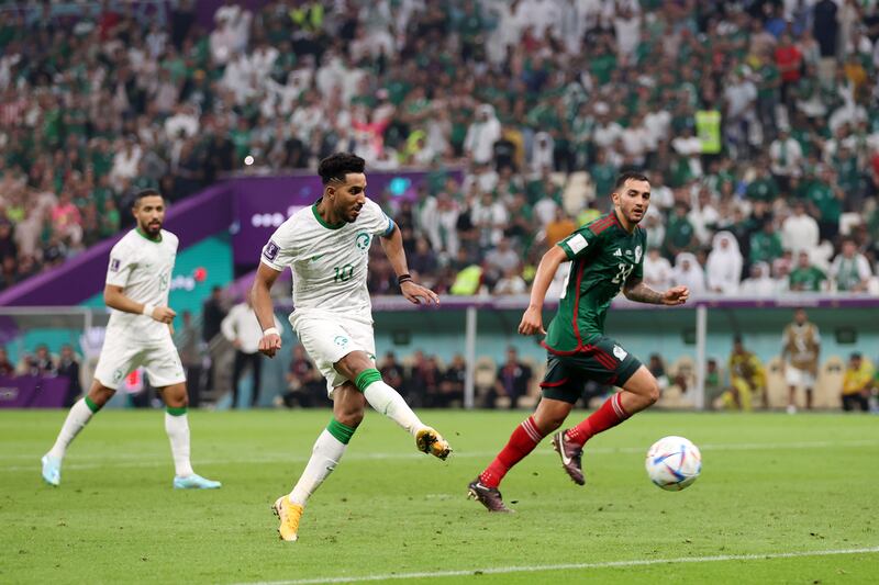 Salem Al Dawsari of Saudi Arabia scores against Mexico. Getty 