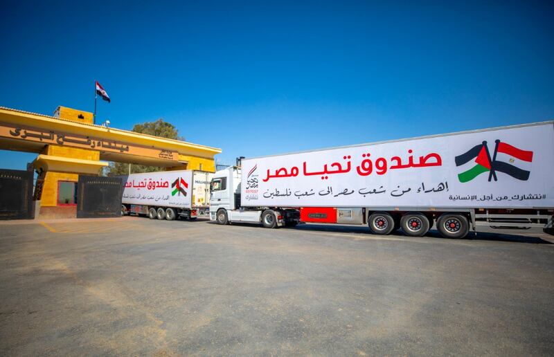 Aid lorries at Rafah border crossing, bringing supplies to the Palestinian people living in the Gaza Strip. Reuters