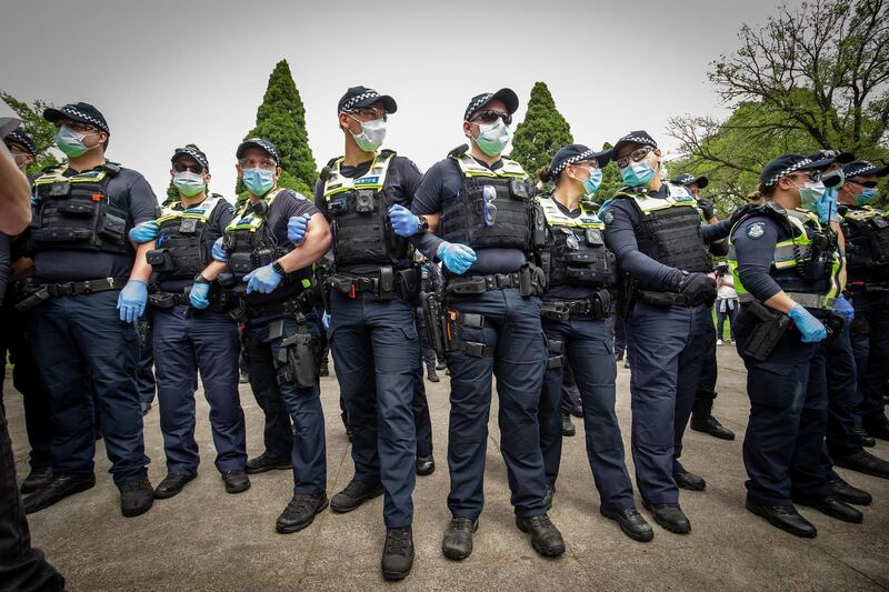Victoria Police are seen in large numbers during a protest at the Shrine of Remembrance in Melbourne, Australia. Getty Images