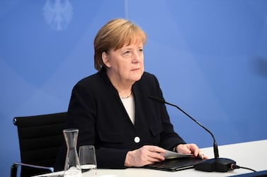 German Chancellor Angela Merkel attends a virtual event in Berlin. Getty Images