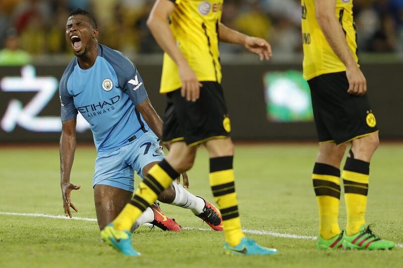 Kelechi Iheanacho of Manchester reacts after missed a shot during the 2016 International Champions Cup match between Manchester City and Borussia Dortmund at Shenzhen Universiade Stadium on July 28, 2016 in Shenzhen, China.  (Photo by Lintao Zhang/Getty Images)