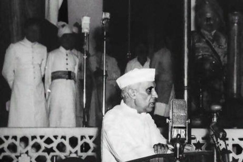 Jawaharlal Nehru, India's first prime minister, delivers his famous 'tryst with destiny' speech on August 15, 1947 at Parliament House in New Delhi.