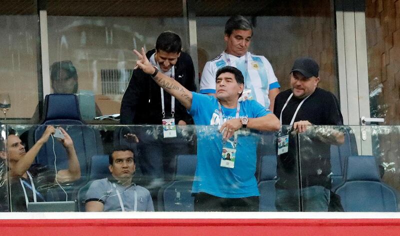 FILE PHOTO: Soccer Football - World Cup - Group D - Nigeria vs Argentina - Saint Petersburg Stadium, Saint Petersburg, Russia - June 26, 2018   Diego Maradona gestures to the fans from the stands during the match    REUTERS/Toru Hanai/File Photo