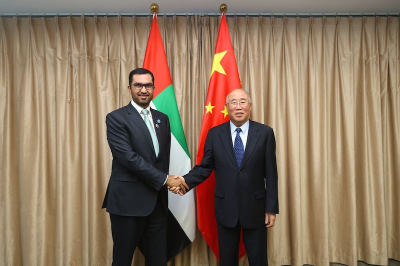 Dr Sultan Al Jaber, Cop28 President-delegate. met Xie Zhenhua, China's Climate Special Envoy, to discuss an effective response to the Global Stocktake at the UN climate change summit. Photo: @Cop28/ X