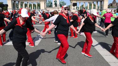 People dance to celebrate International Dance Day at the Heroes' Square in Budapest, Hungary. Reuters