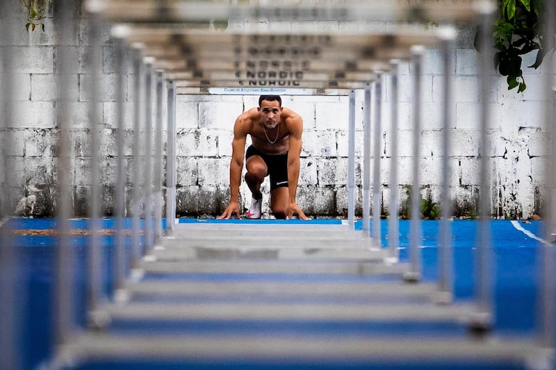 Brazilian high hurdles athlete Eduardo de Deus trains at NAR High Performance Sports Centre in Sao Paulo, Brazil. Caio has qualified and is preparing for the Tokyo Olympics. Getty