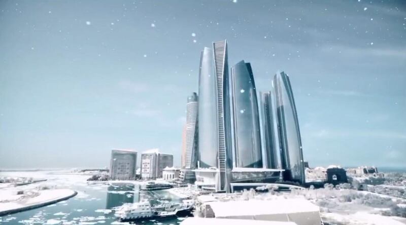 Abu Dhabi towers with a snowy backdrop
