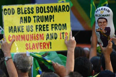 Supporters of Brazilian right-wing presidential candidate Jair Bolsonaro take part in a rally along Paulista Avenue in Sao Paulo Brazil on October 21 2018. Barring any last-minute upset, Brazil appears poised to elect Jair Bolsonaro, a populist far-right veteran politician, as its next president in a week's time. / AFP / NELSON ALMEIDA
