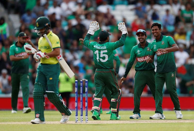 Cricket - ICC Cricket World Cup - South Africa v Bangladesh - Kia Oval, London, Britain - June 2, 2019   Bangladesh's Mustafizur Rahman celebrates the wicket of South Africa's JP Duminy     Action Images via Reuters/Paul Childs