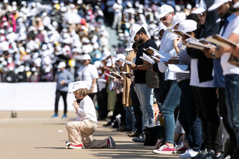 ABU DHABI, UNITED ARAB EMIRATES - FEBRUARY, 5 2019.

Catholics attends the first papal mass on Arabian Peninsula, led by Pope Francis.

(Photo by Reem Mohammed/The National)

Reporter: 
Section:  NA