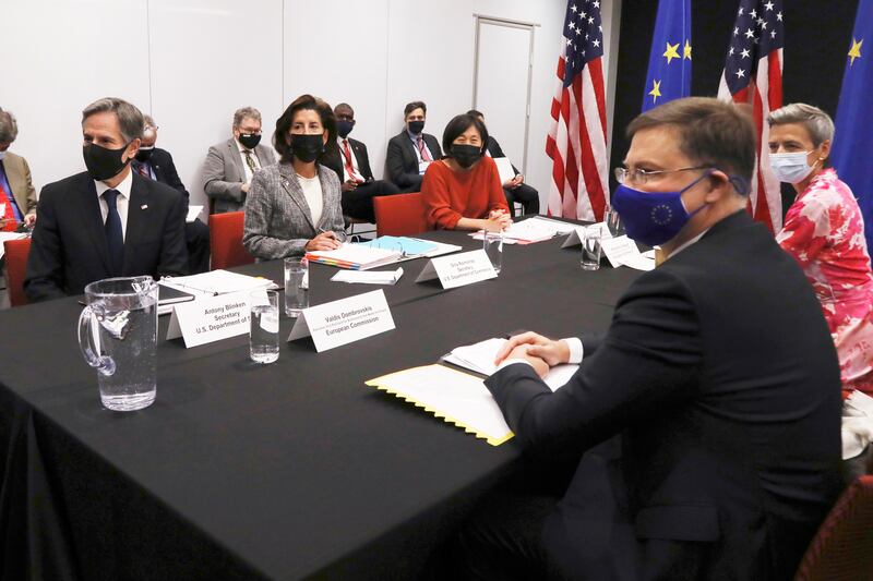 From left, Secretary of State Antony Blinken, Secretary of Commerce Gina Raimondo and United States Trade Representative Katherine Tai gather for a strategic meeting with European Commission Executive Vice Presidents Valdis Dombrovskis and Margrethe Vestager during the inaugural meeting of the US-EU Trade and Technology Council. AP