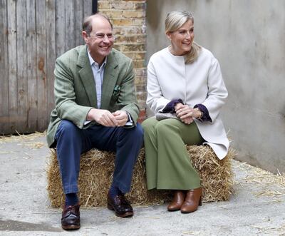 LONDON, UNITED KINGDOM - OCTOBER 01: (EMBARGOED FOR PUBLICATION IN UK NEWSPAPERS UNTIL 24 HOURS AFTER CREATE DATE AND TIME) Prince Edward, Earl of Wessex and Sophie, Countess of Wessex sit on a hay bale during a visit to Vauxhall City Farm on October 1, 2020 in London, England. Their Royal Highnesses visit is to see the farm's community engagement and education programmes in action, as the farm marks the start of Black History Month. (Photo by Max Mumby/Indigo/Getty Images)