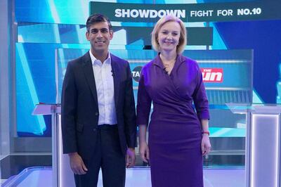 Liz Truss and Rishi Sunak during the latest head-to-head debate for the Conservative Party leadership candidates in west London. AP