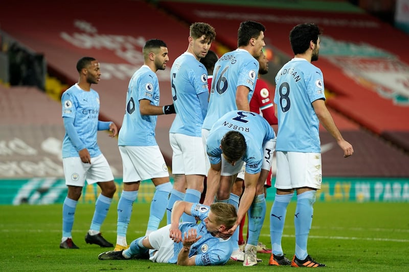 City's Oleksandr Zinchenko takes his position behind the wall before a Liverpool free kick. AP