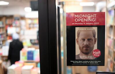 A poster advertising the forthcoming publication of the book 'Spare' by Prince Harry, in the window of a book store in London on January 6. AFP
