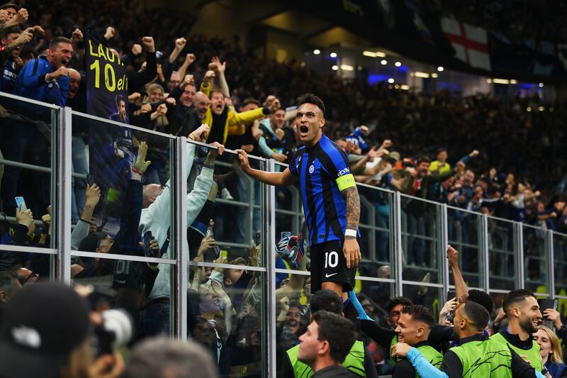 Lautaro Martinez celebrates his goal with the Inter fans. Getty Images