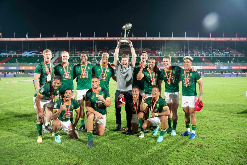 South Africa celebrate after winning the World Series Men’s final at Dubai Sevens against Argentina. 