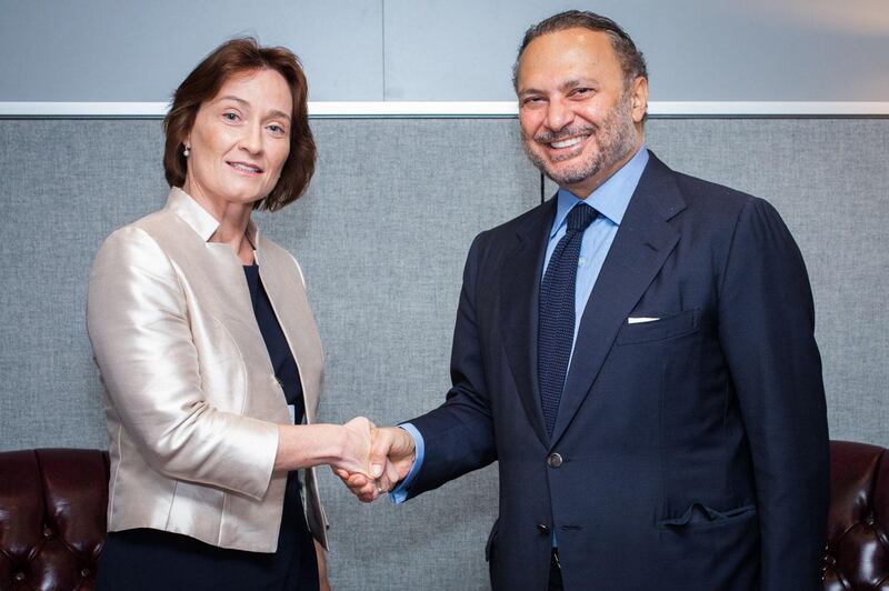 Anwar Gargash, UAE Minister of State for Foreign Affairs, with Swiss Secretary of State for Foreign Affairs Pascale Baeriswyl. Wam