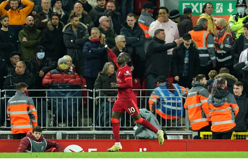 Liverpool's Sadio Mane celebrates after scoring his side's opening goal. AP