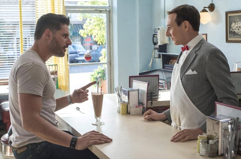 Joe Manganiello,left, as himself and Paul Reubens as Pee-wee Herman in Pee-wee’s Big Holiday. Reubens has played the bubbly character for nearly 40 years. Glen Wilson / Netflix 