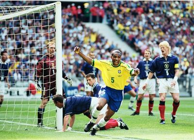 10 Jun 1998:  Cesar Sampaio of Brazil celebrates scoring the opening goal of the World Cup during the group A game against Scotland at the Stade de France in St Denis, France. Brazil won 2-1 \ Mandatory Credit: Shaun Botterill /Allsport