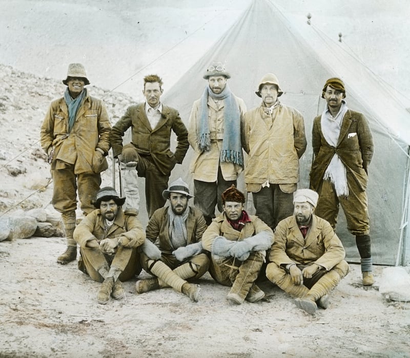 Members in camp - 1924 Mount Everest Expedition, Back row (left to right) - Andrew Irvine, George Mallory, Edward Norton, Noel Odell and John Macdonald. Front row (left to right) - Edward Shebbeare, Geoffrey Bruce, Howard Somervell and Bentley Beetham, Tibet, China, Mount Everest Expedition 1924.  (Photo by J.B. Noel/Royal Geographical Society via Getty Images)