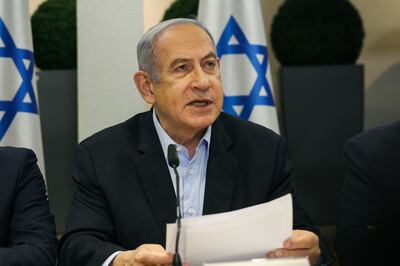 Israeli Prime Minister Benjamin Netanyahu speaks during a cabinet meeting at the Defence Ministry in Tel Aviv. EPA