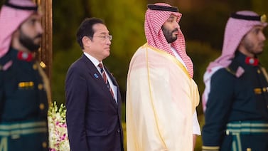 Saudi Crown Prince Mohammed bin Salman welcomes Japan's Prime Minister Fumio Kishida in Jeddah in July last year. SPA