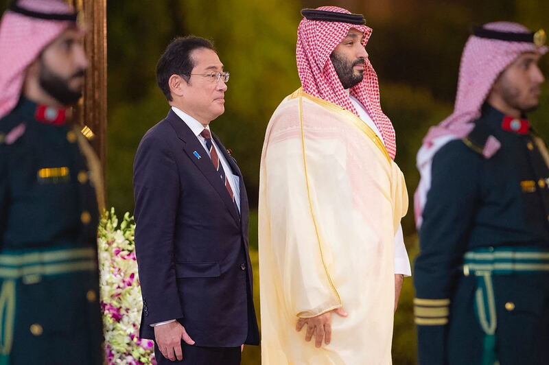 Saudi Crown Prince Mohammed bin Salman welcomes Japan's Prime Minister Fumio Kishida in Jeddah in July last year. SPA