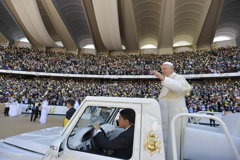 Pope Francis arrives at Zayed Sports City Stadium in Abu Dhabi, United Arab Emirates, February 5, 2019. Vatican Media/­Handout via REUTERS  ATTENTION EDITORS - THIS IMAGE WAS PROVIDED BY A THIRD PARTY.