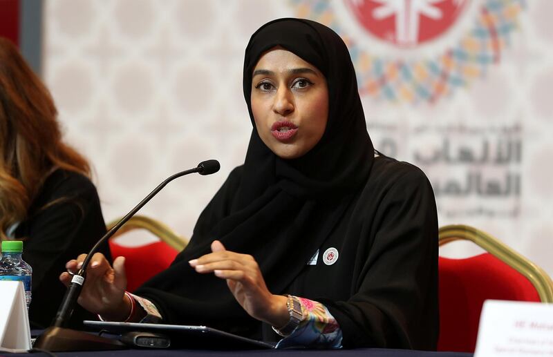 ABU DHABI , UNITED ARAB EMIRATES , March 21 – 2019 :- Hessa Bint Essa Buhumaid, UAE Minister of Community Development speaking during the closing press conference of the Special Olympics World Games Abu Dhabi 2019 held at ADNEC in Abu Dhabi. ( Pawan Singh / The National ) For News. Story by Haneen
