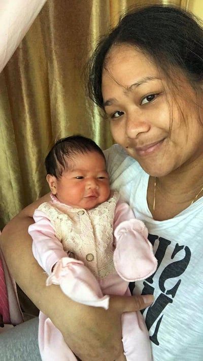 Maria Gabua says her one-month-old baby Gabiranna is a blessing and is grateful for essential food supplies from badminton groups in Dubai that help her family tide over the coronavirus crisis. Courtesy: Maria Gabua