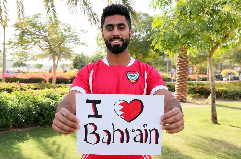 DUBAI , UNITED ARAB EMIRATES , January  3 – 2019 :-  Mohammed Al Balooshi , a half Emirati half Bahraini football fan at the Pond Park in Al Barsha in Dubai. ( Pawan Singh / The National ) For News. Story by Haneen 