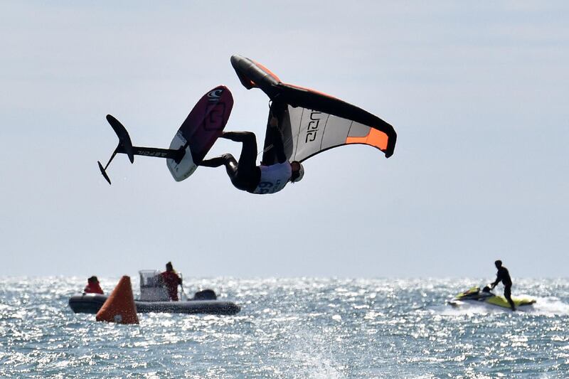 A competitor uses a 'wingfoil' as they take part in the 'Mondial du Vent' KiteFoil event in Leucate, southern France on Sunday, May 2. AFP