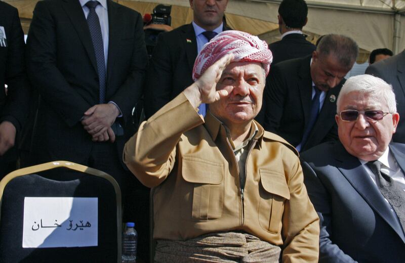 Iraqi Kurdish leader Massud Barzani (L) sits next to Iraqi President Fuad Massum during a ceremony at the airport in the Iraqi Kurdish city of Sulaimaniyah following the arrival of Iraqi ex-president Jalal Talabani's coffin on October 6, 2017.

Talabani died in Germany on October 3, 2017 aged 83, barely a week after an Iraqi Kurdish vote for independence sparked a crisis in the autonomous Kurdish region's relations with Baghdad. / AFP PHOTO / SHWAN MOHAMMED