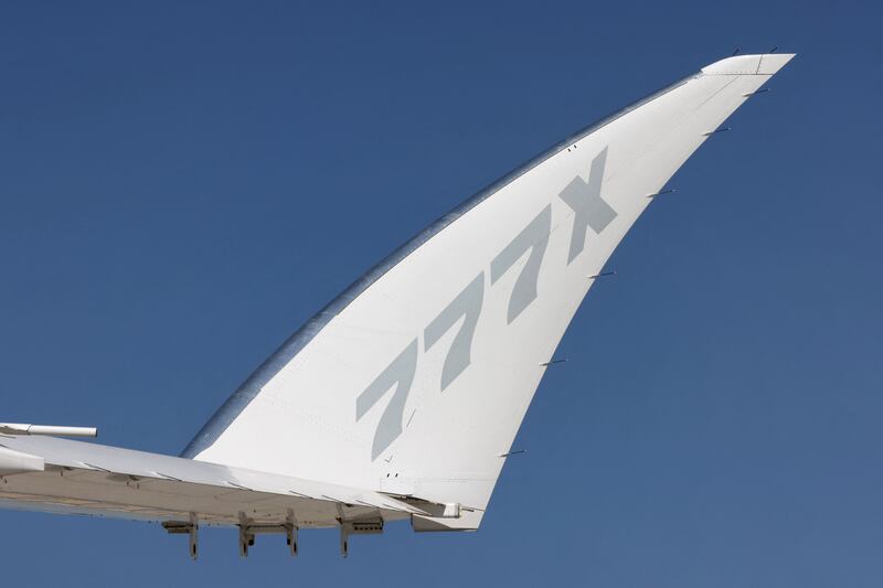 The folding wingtips of the Boeing 777X demonstration aircraft at the 2021 Dubai Airshow.  AFP