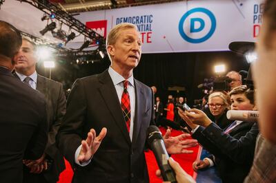 Tom Steyer, co-founder of NextGen Climate Action Committee and 2020 Democratic presidential candidate, speaks with members of the media in the spin room after the Democratic presidential candidate debate in Westerville, Ohio, U.S., on Tuesday, Oct. 15, 2019. Democratic presidential candidates vowed to rein in dominant tech companies through tougher antitrust enforcement, complaining that companies like Facebook Inc. and Amazon.com Inc. are too big and powerful. Photographer: Allison Farrand/Bloomberg