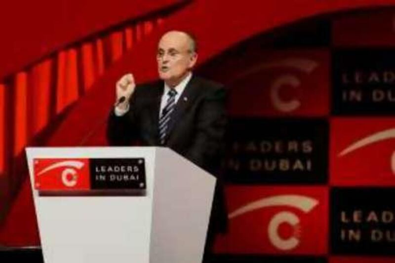 DUBAI-NOVEMBER 16,2008 - Rudolph Giuliani, Former Mayor of New York City deliver his speech during the Leaders of Dubai Business Forum 2008 held at Convention Center in Dubai. ( Paulo Vecina/The National ) *** Local Caption ***  PV Rudolph 6.jpg