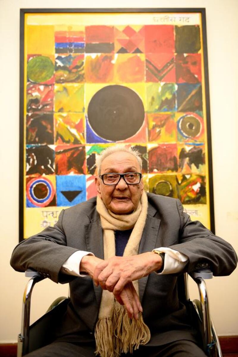 Syed Haider Raza poses for a photo shoot at the Vadehra Art Gallery in New Delhi on February 21, 2014. Pradeep Gaur/Mint via Getty Images