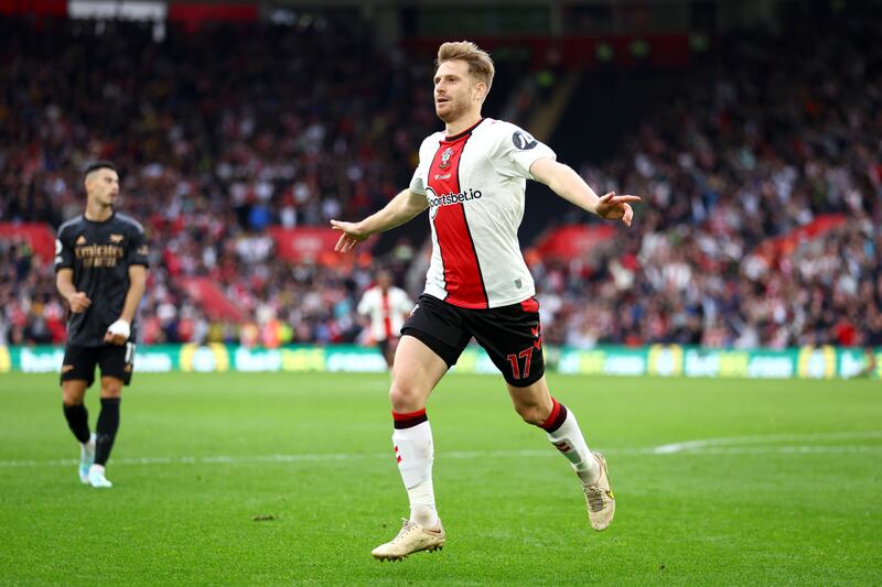 Stuart Armstrong of Southampton celebrates after scoring their equaliser against Arsenal in the Premier League game at St Mary's Stadium on Sunday, October 23, 2022. Getty