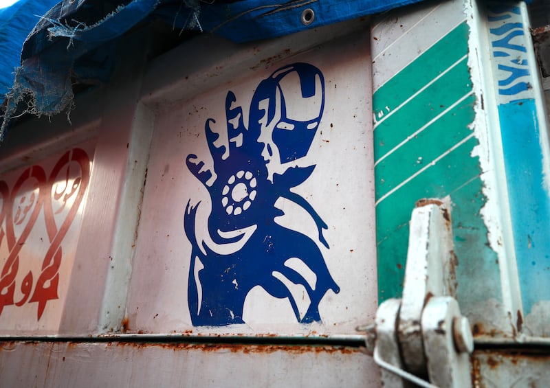 Decorations on an aid lorry in Rafah. The designs distinguish the vehicles in the convoys