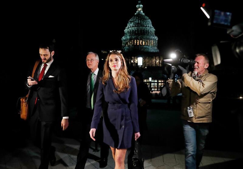 White House Communications Director Hope Hicks leaves the U.S. Capitol after attending the House Intelligence Committee closed door meeting in Washington, U.S., February 27, 2018. REUTERS/Leah Millis