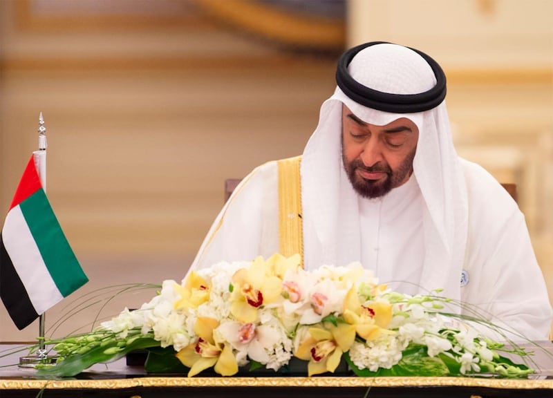 <p>Sheikh Mohammmed bin Zayed, Crown Prince of Abu Dhabi and Deputy Supreme Commander of the UAE Armed Forces, signs a MOU the first Sauid-Emirati Coordination Council in Jeddah. Photo Courtesy SPA</p>
