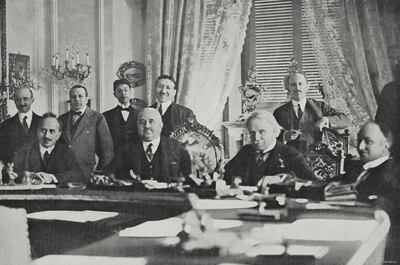 Plenary session at the Sanremo conference, attended by representatives of the four victors of World War I including British Prime Minister David Lloyd George, French Prime Minister Alexandre Millerand, President of the Italian Council Francesco Nitti and Japanese Ambassador Keishiro Matsui, April 19-26, 1920, Italy, from L'Illustrazione Italiana, XVLII, No 18, May 2, 1920. Getty Images